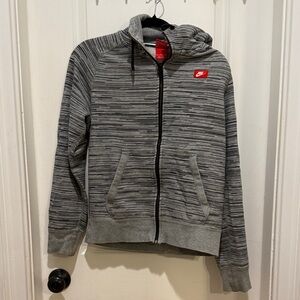 Nike Gray and Black Striped Hoodie with Red Logo